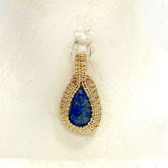 HANDMADE Genuine Lapis Lazuli Hand Wrapped in Gold Plated Wire Statement Pendant - Picture 9 of 10